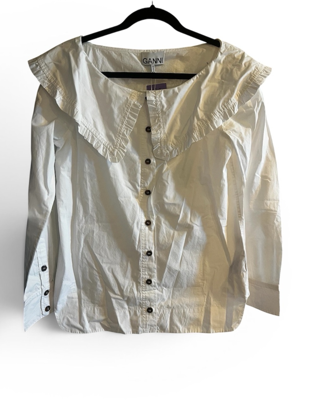 Ganni White Ruffle Collar Button-Down Shirt